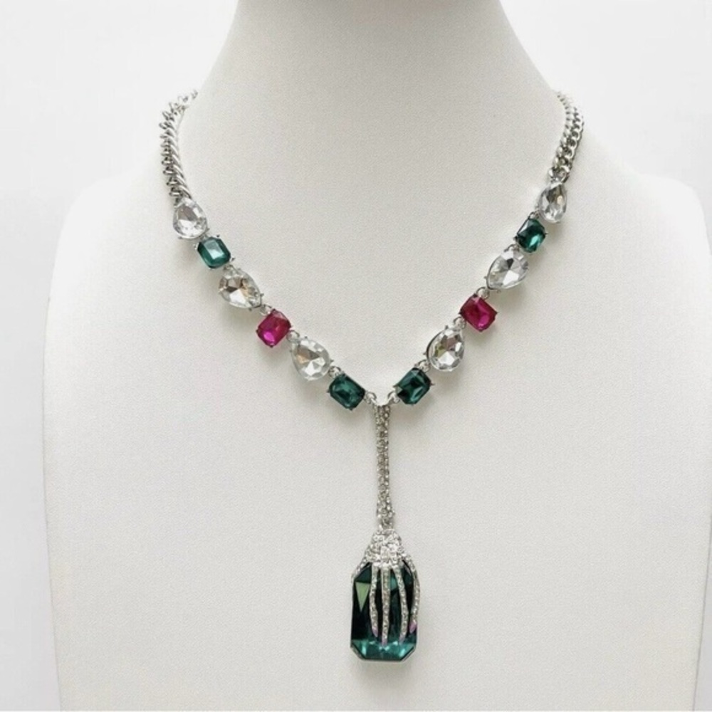 Betsey Johnson Skeleton Arm Hand Green Crystal Necklace